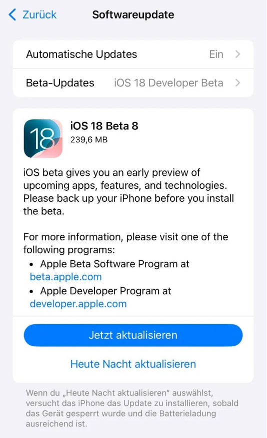 临江苹果手机维修分享苹果 iOS / iPadOS 18 开发者预览版 Beta 8 发布 